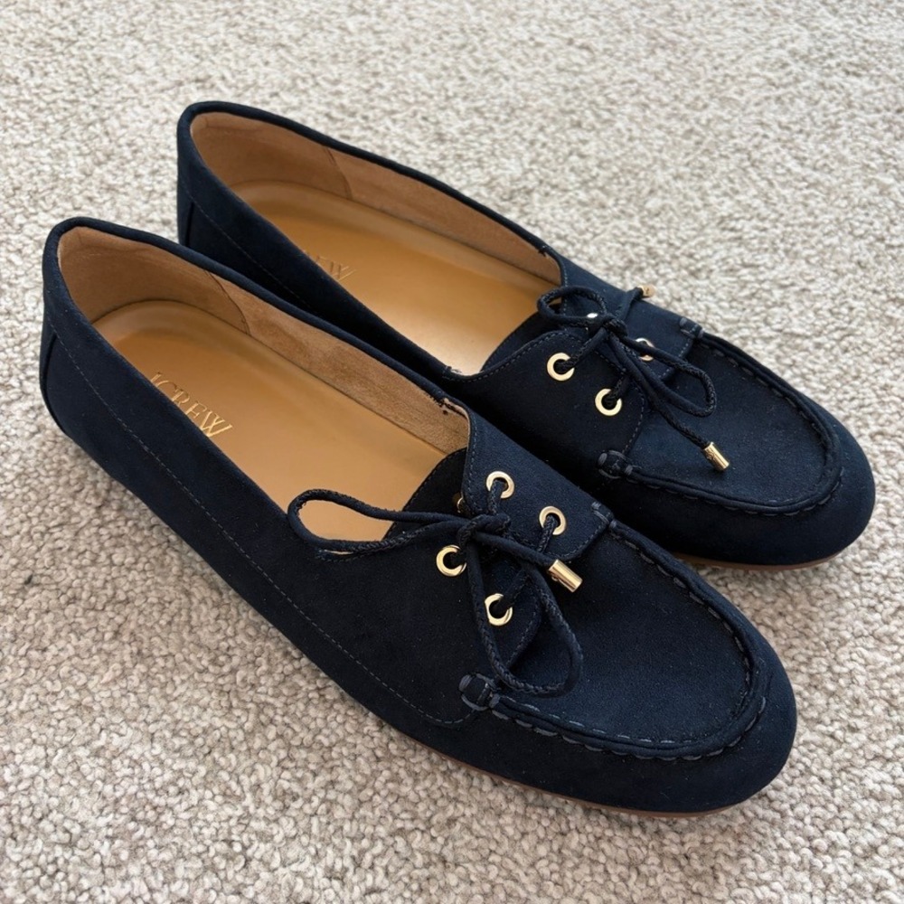 J.Crew Factory Casual Boat Shoes Womens 8.5 Navy Blue Faux Suede Lace Up Office